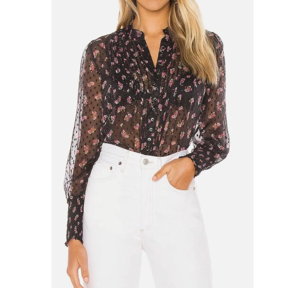 Free People Women Size Small Flowers In December Smocked Sheer Swiss Dot Blouse